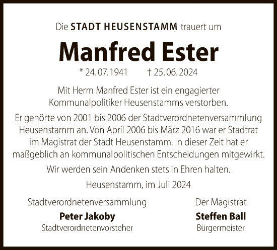 Traueranzeige von Manfred Ester von OF