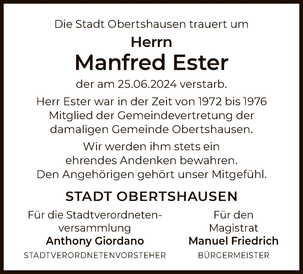 Traueranzeige für Manfred Ester vom 20.07.2024 aus OF