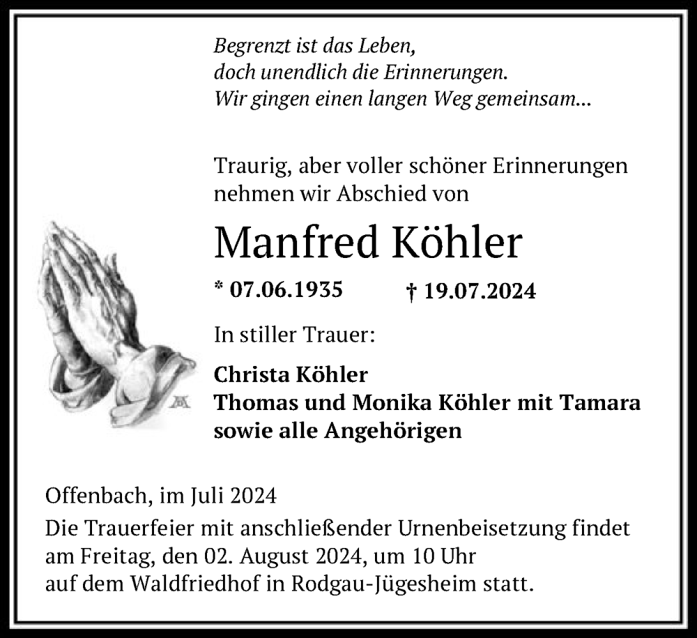  Traueranzeige für Manfred Köhler vom 27.07.2024 aus OF