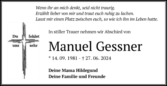 Traueranzeige von Manuel Gessner von OF