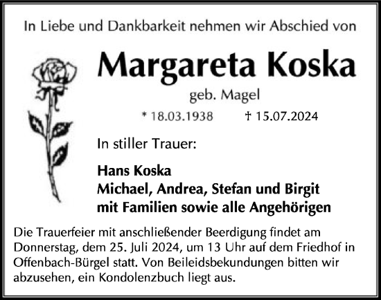 Traueranzeige von Margareta Koska von OF
