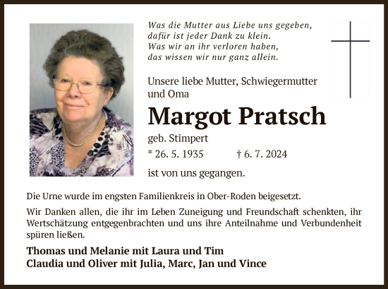 Traueranzeige von Margot Pratsch von OF