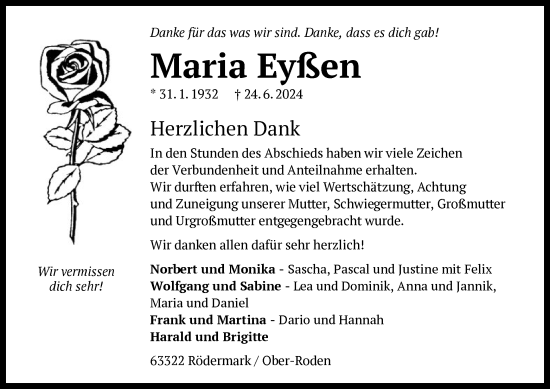 Traueranzeige von Maria Eyßen von OF