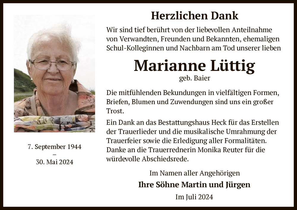  Traueranzeige für Marianne Lüttig vom 20.07.2024 aus OF