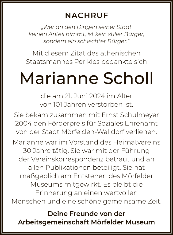  Traueranzeige für Marianne Scholl vom 05.07.2024 aus OF