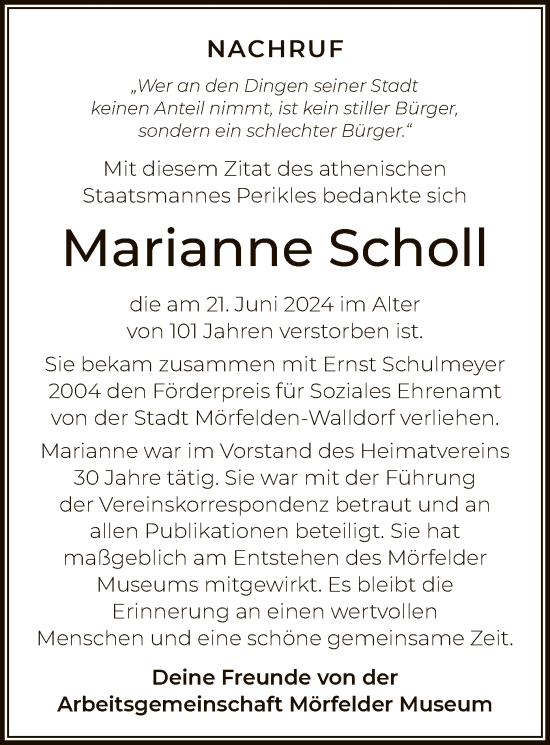 Traueranzeige von Marianne Scholl von OF