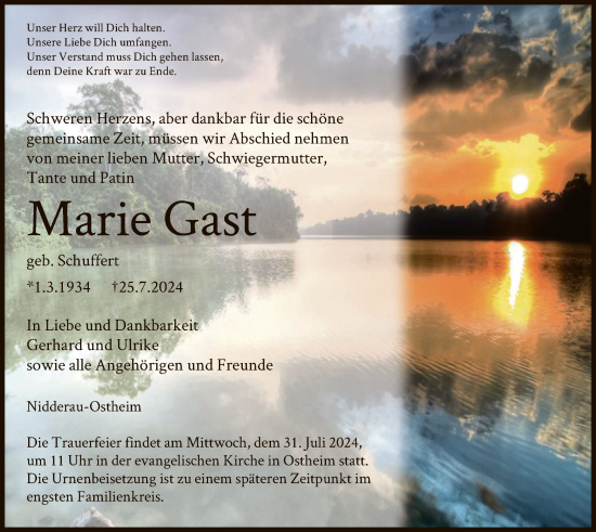 Traueranzeige von Marie Gast von OF