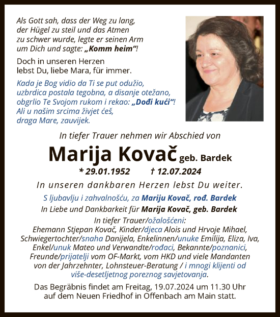 Traueranzeige von Marija Kovac von OF