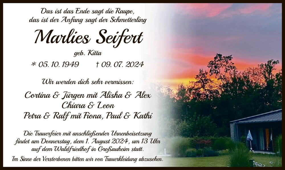  Traueranzeige für Marlies Seifert vom 27.07.2024 aus OF