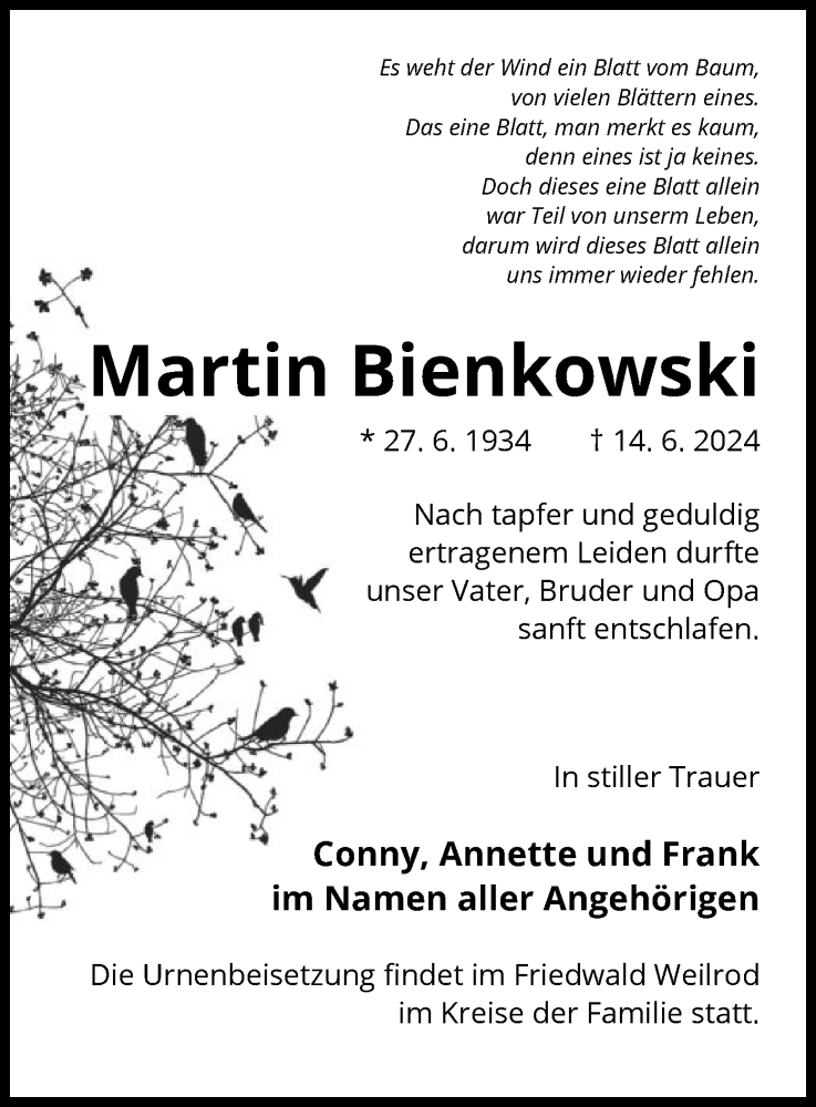  Traueranzeige für Martin Bienkowski vom 06.07.2024 aus OF