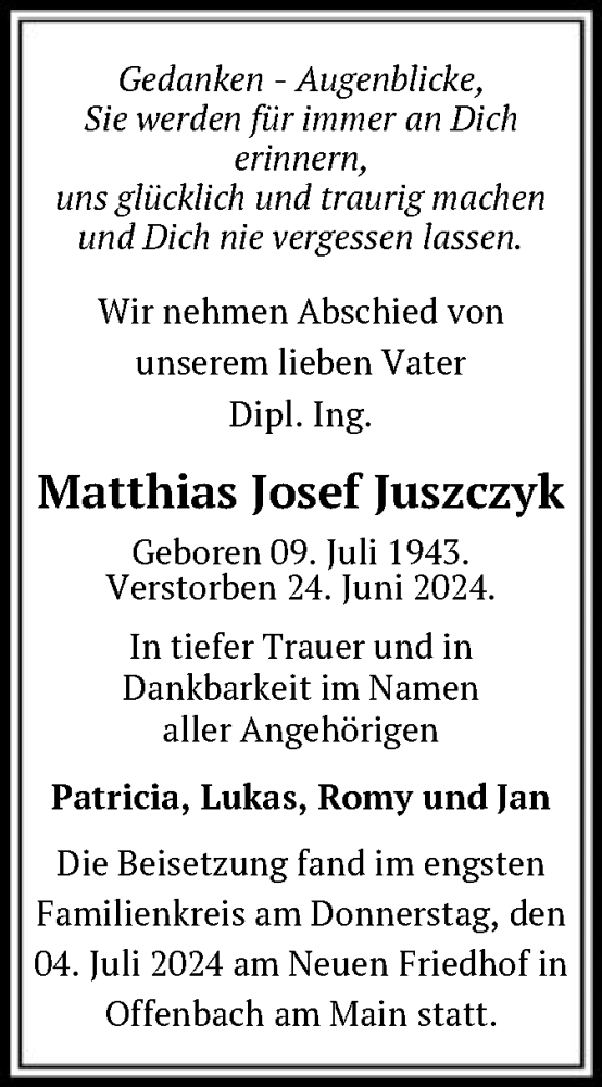  Traueranzeige für Matthias Josef Juszczyk vom 13.07.2024 aus OF