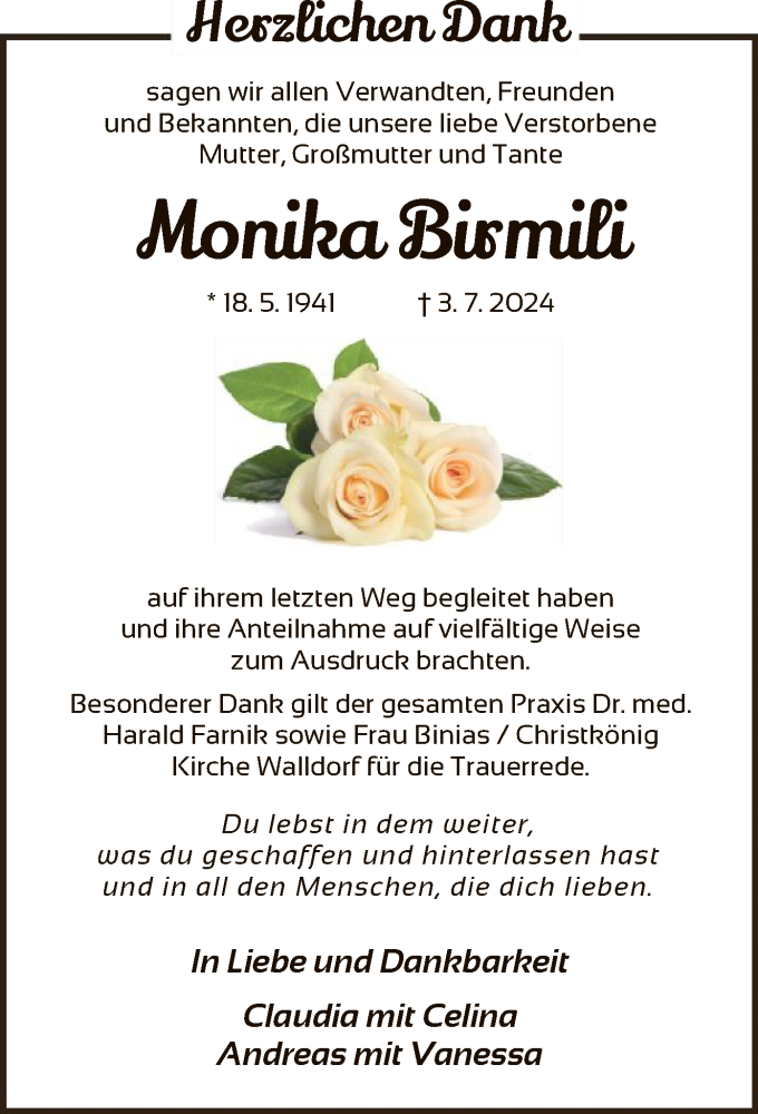  Traueranzeige für Monika Birmili vom 19.07.2024 aus OF