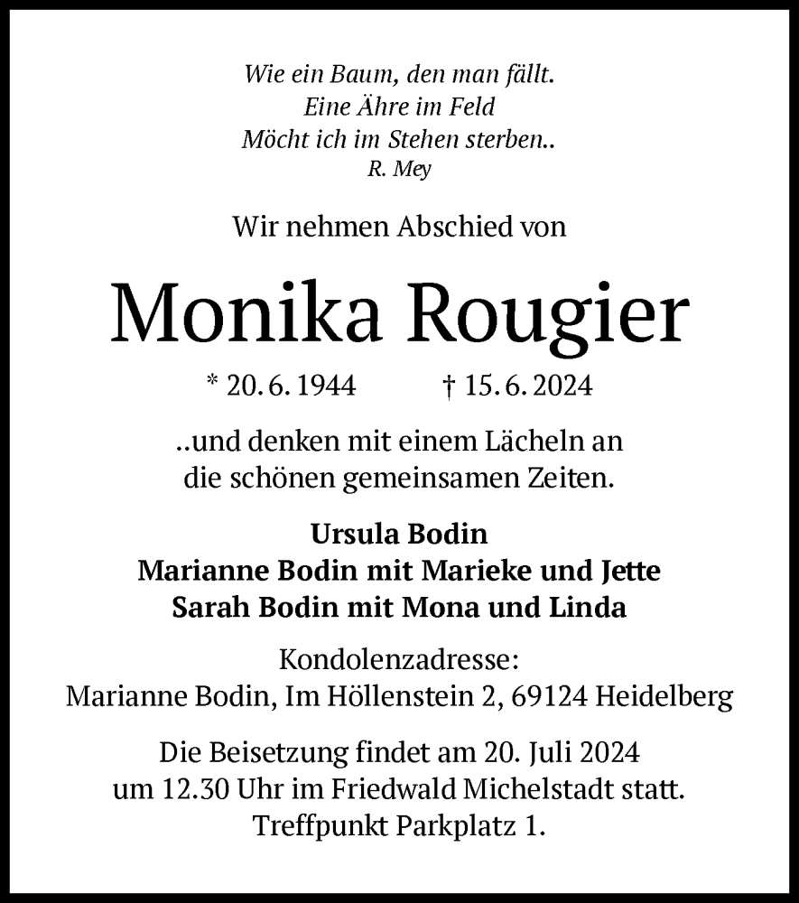  Traueranzeige für Monika Rougier vom 06.07.2024 aus OF