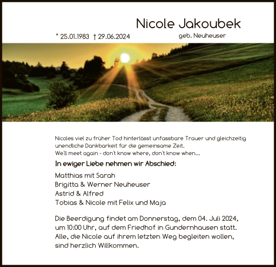 Traueranzeige von Nicole Jakoubek von OF