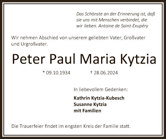 Traueranzeige von Peter Paul Maria Kytzia von OF