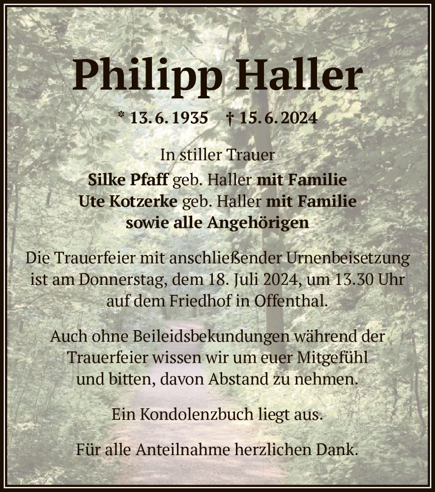  Traueranzeige für Philipp Haller vom 13.07.2024 aus OF