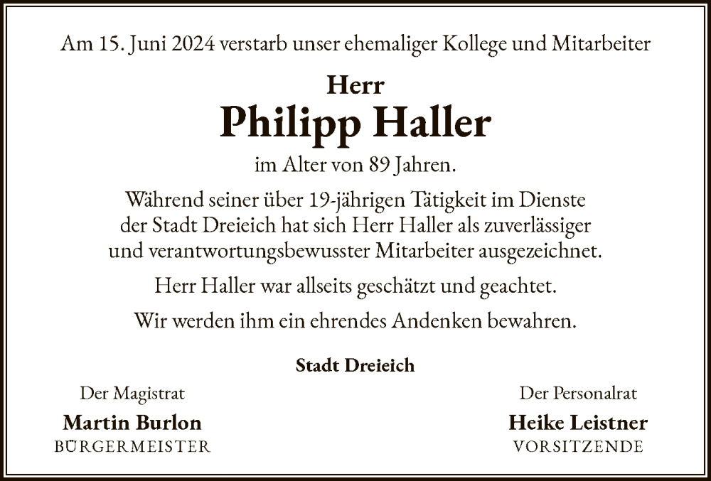  Traueranzeige für Philipp Haller vom 20.07.2024 aus OF