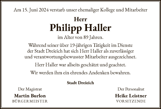 Traueranzeige von Philipp Haller von OF
