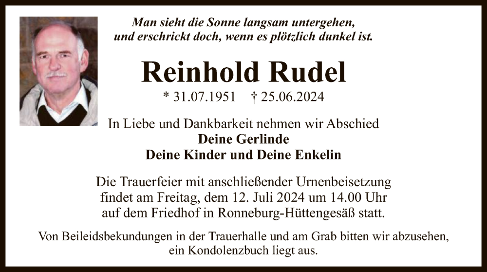  Traueranzeige für Reinhold Rudel vom 06.07.2024 aus OF