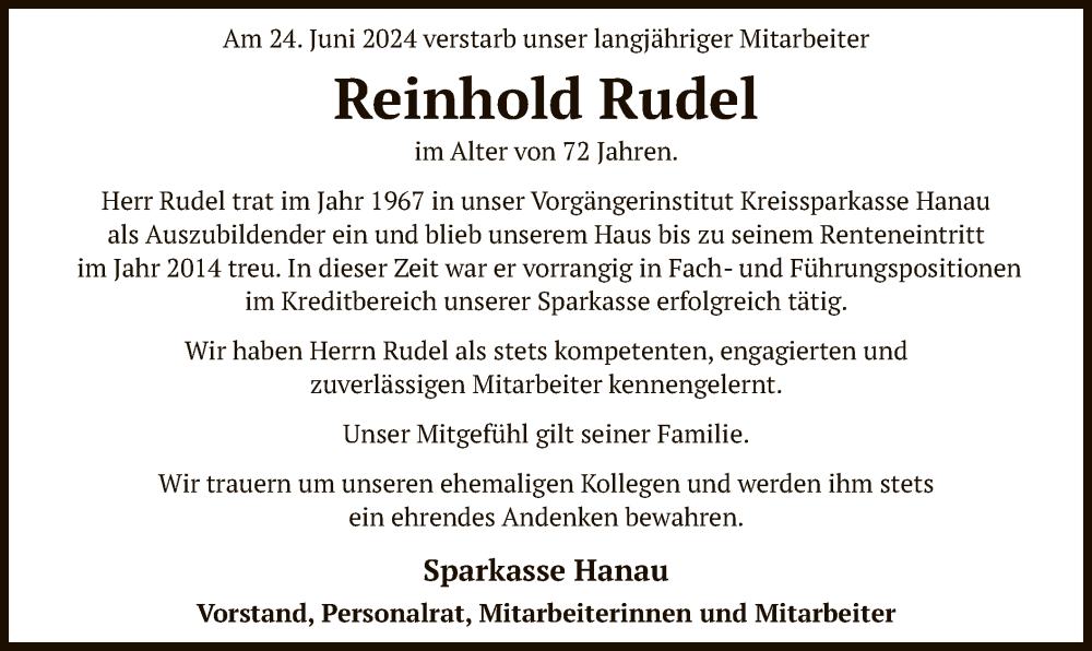  Traueranzeige für Reinhold Rudel vom 04.07.2024 aus OF