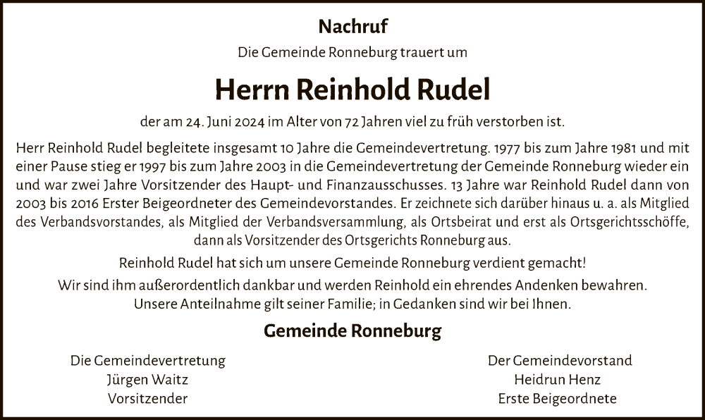  Traueranzeige für Reinhold Rudel vom 12.07.2024 aus OF