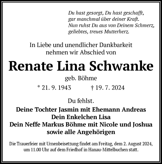 Traueranzeige von Renate Lina Schwanke von OF