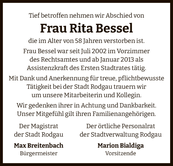 Traueranzeige von Rita Bessel von OF