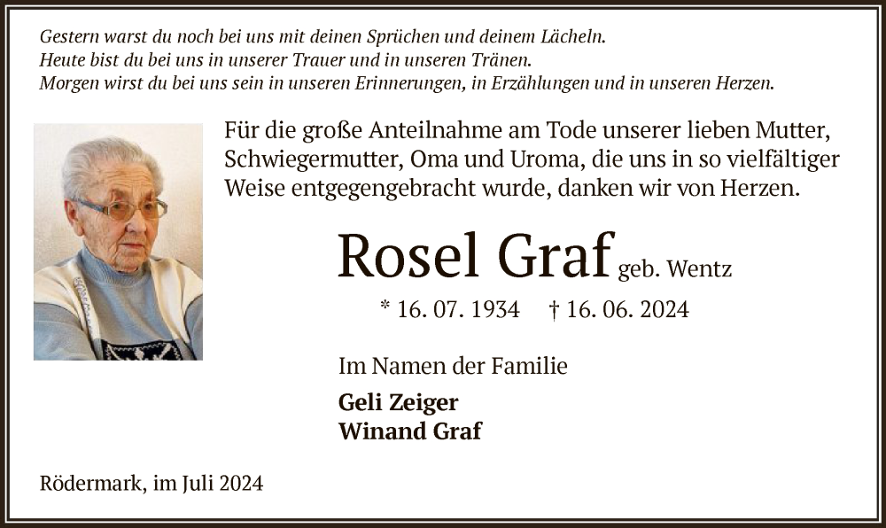  Traueranzeige für Rosel Graf vom 06.07.2024 aus OF