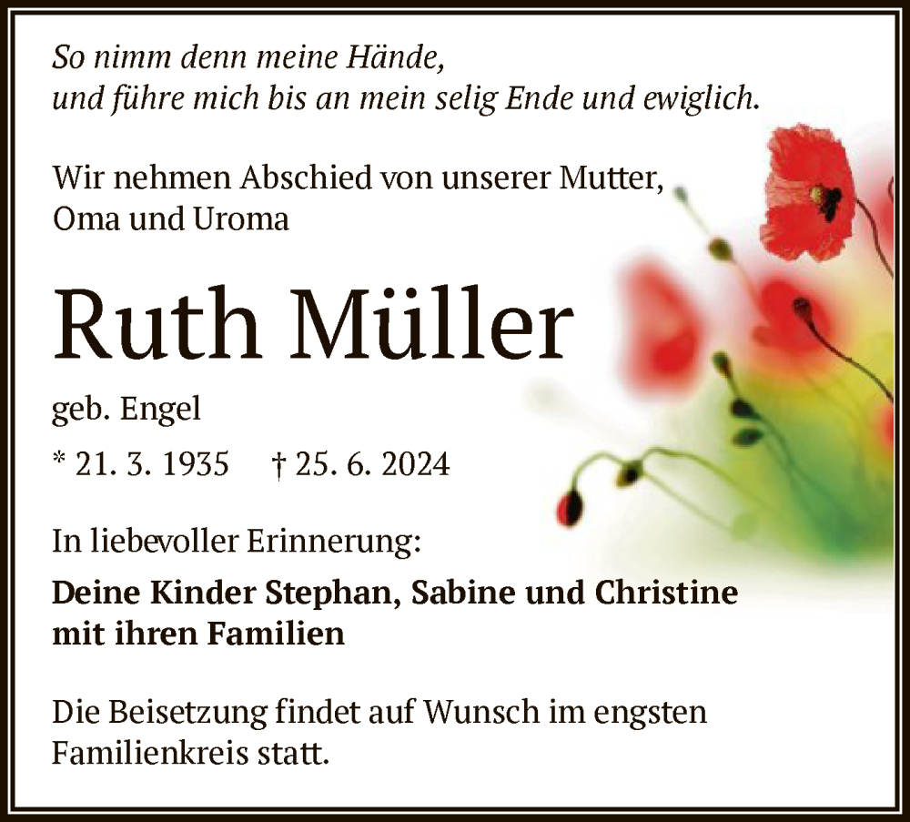  Traueranzeige für Ruth Müller vom 06.07.2024 aus OF