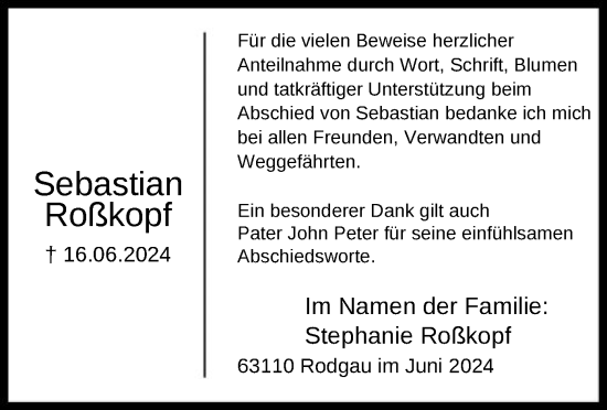 Traueranzeige von Sebastian Roßkopf von OF