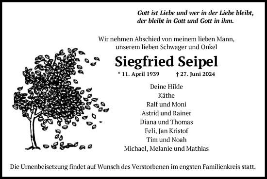 Traueranzeige von Siegfried Seipel von OF