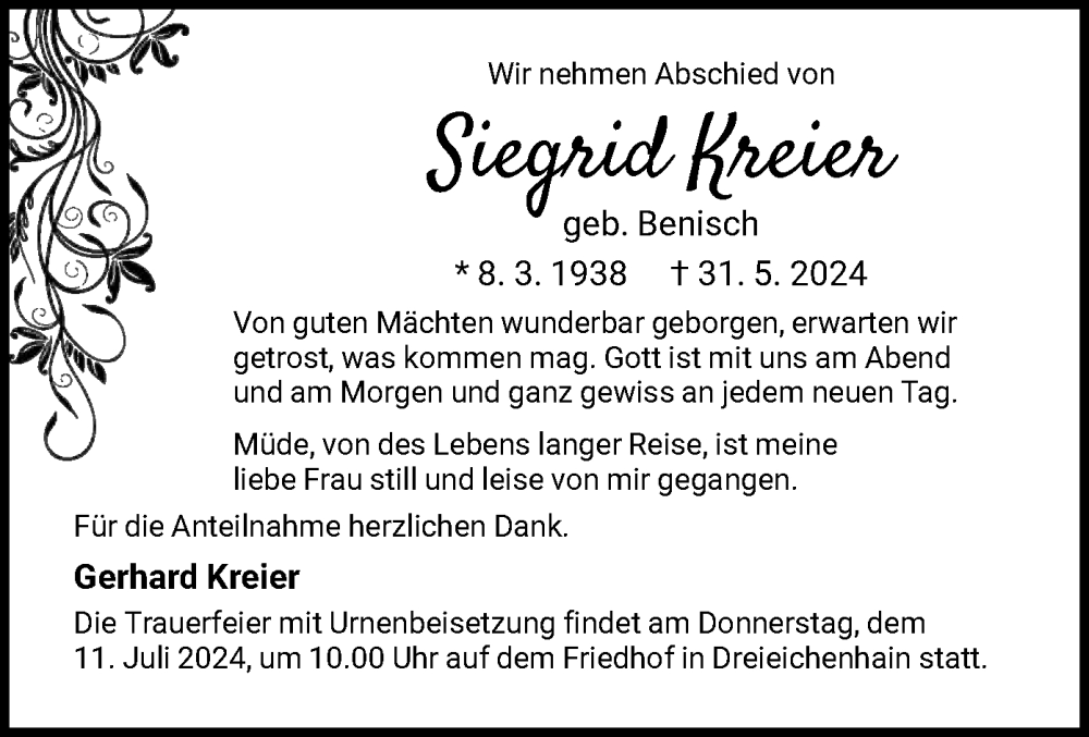 Traueranzeige für Siegrid Kreier vom 06.07.2024 aus OF
