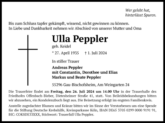 Traueranzeige von Ulla Peppler von OF