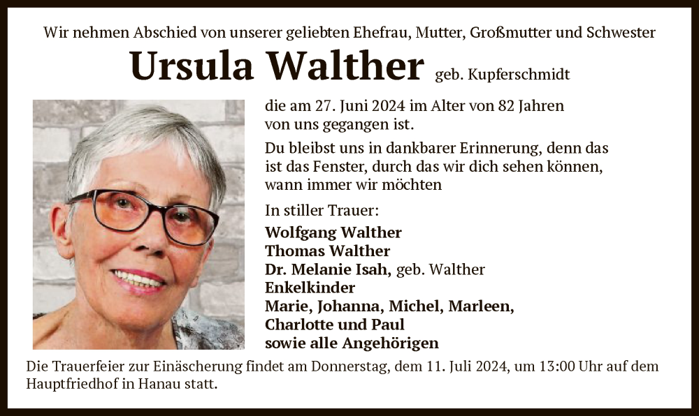  Traueranzeige für Ursula Walther vom 06.07.2024 aus OF