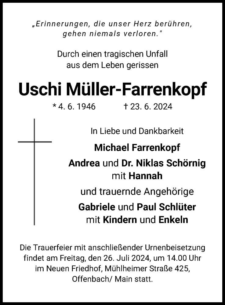  Traueranzeige für Uschi Müller-Farrenkopf vom 20.07.2024 aus OF