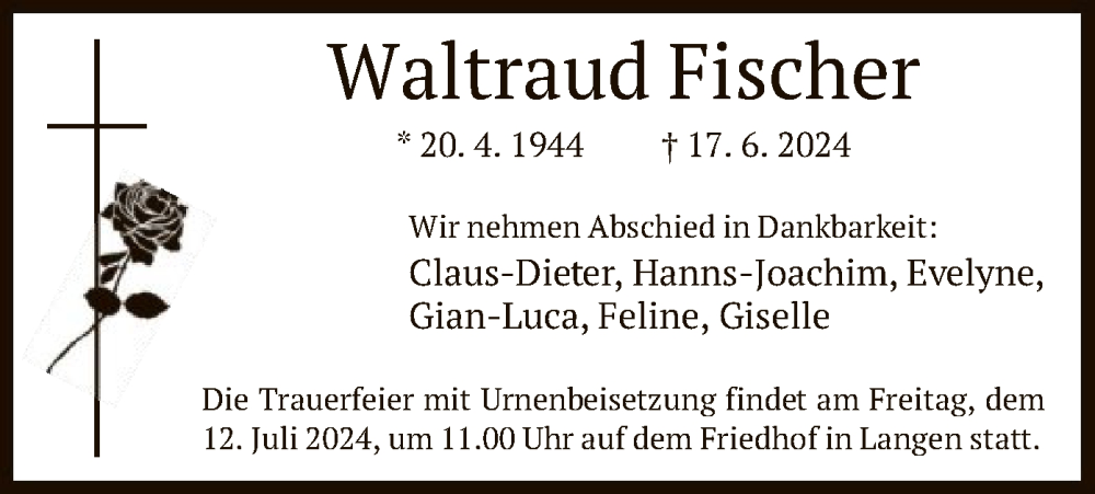  Traueranzeige für Waltraud Fischer vom 10.07.2024 aus OF