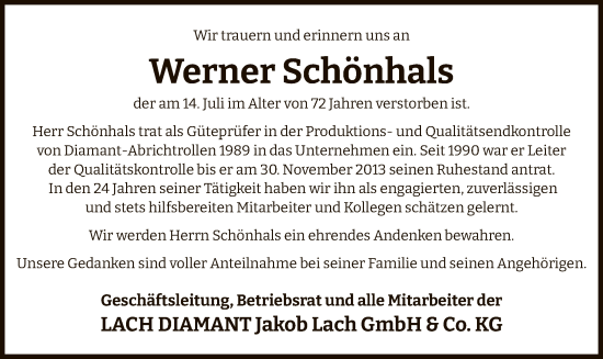 Traueranzeige von Werner Schönhals von OF