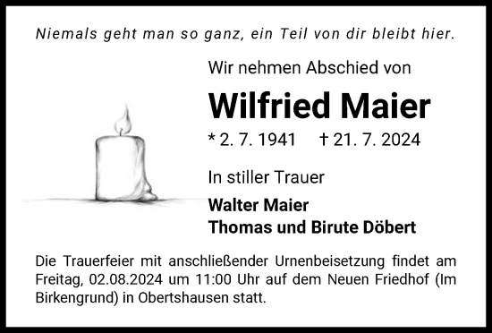 Traueranzeige von Wilfried Maier von OF