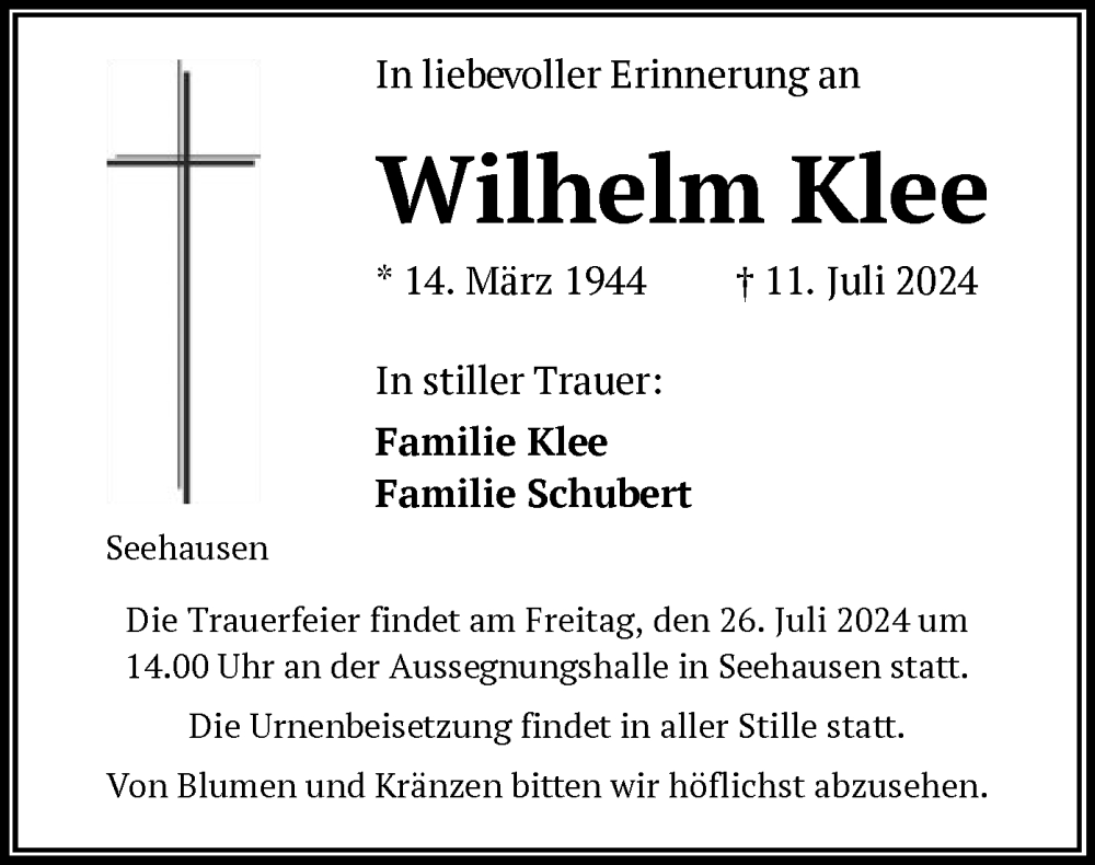  Traueranzeige für Wilhelm Klee vom 20.07.2024 aus OF