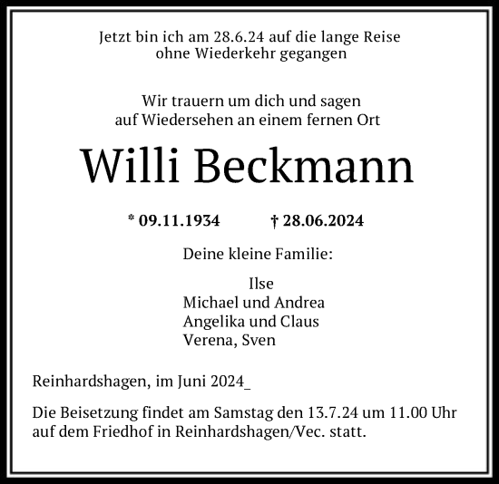 Traueranzeige von Willi Beckmann von OF