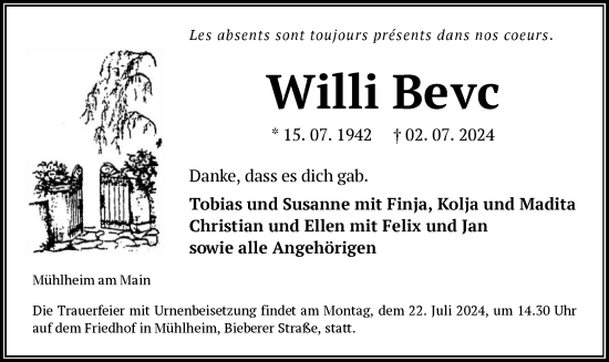 Traueranzeige von Willi Bevc von OF