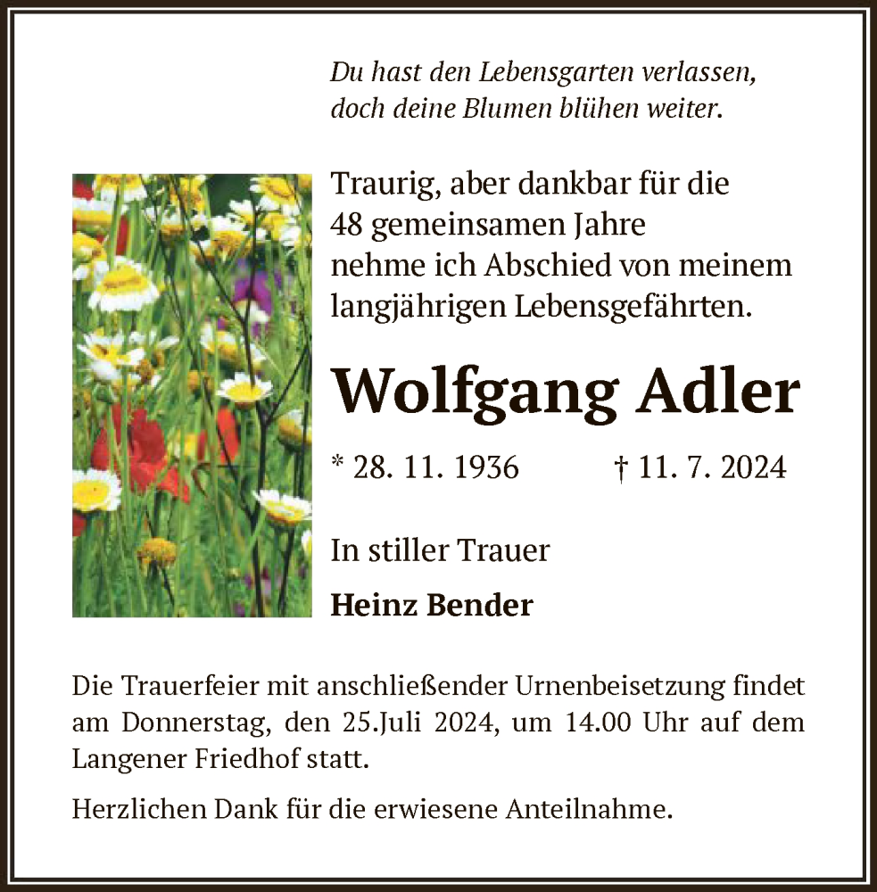  Traueranzeige für Wolfgang Adler vom 20.07.2024 aus OF