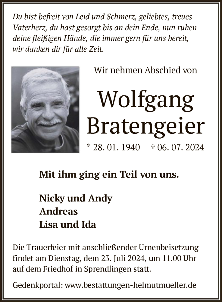  Traueranzeige für Wolfgang Bratengeier vom 20.07.2024 aus OF