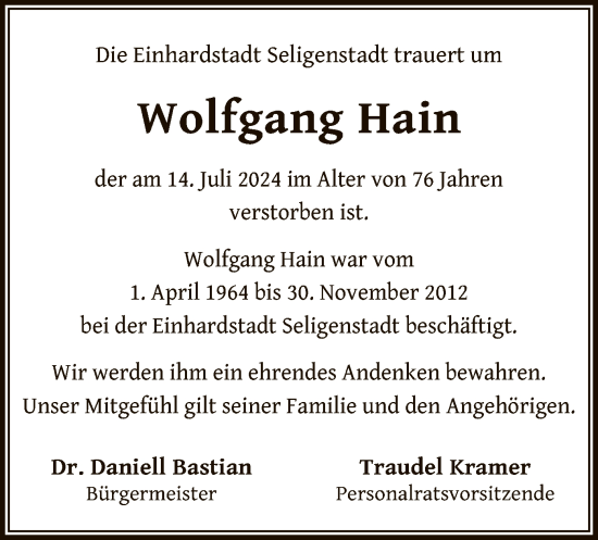 Traueranzeige von Wolfgang Hain von OF
