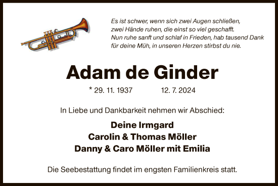 Traueranzeige von Adam de Ginder von OF