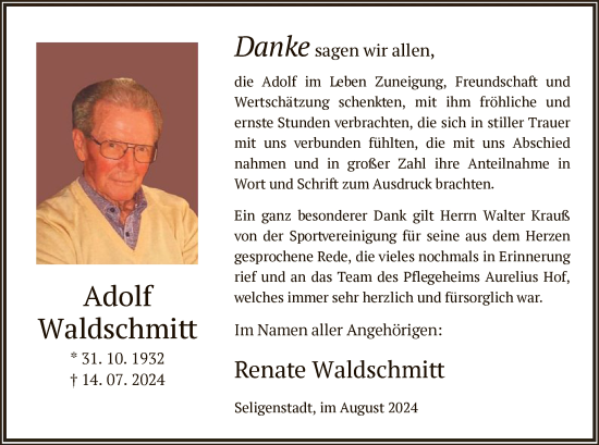 Traueranzeige von Adolf Waldschmitt von OF