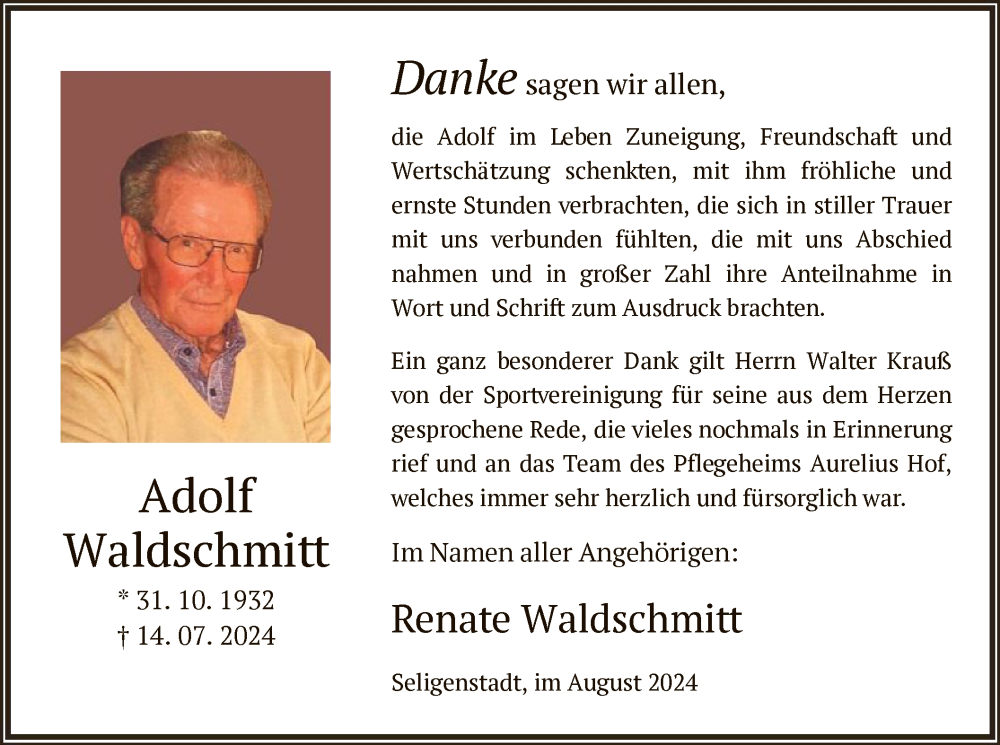  Traueranzeige für Adolf Waldschmitt vom 24.08.2024 aus OF