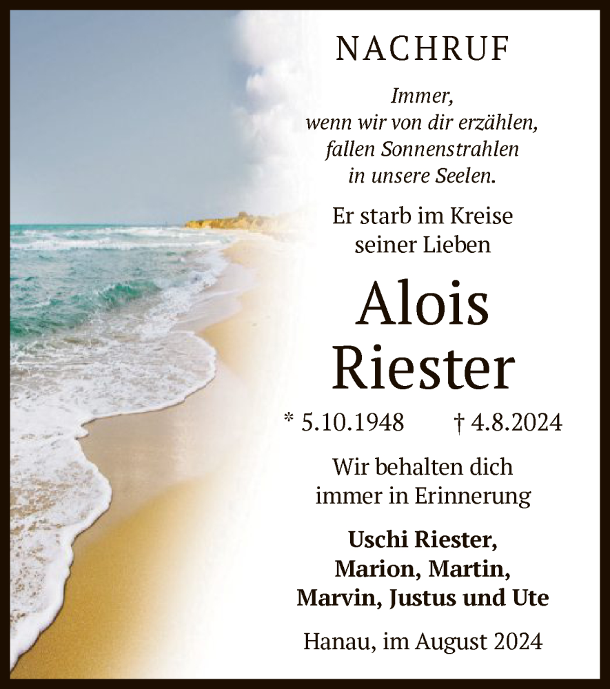  Traueranzeige für Alois Riester vom 24.08.2024 aus OF
