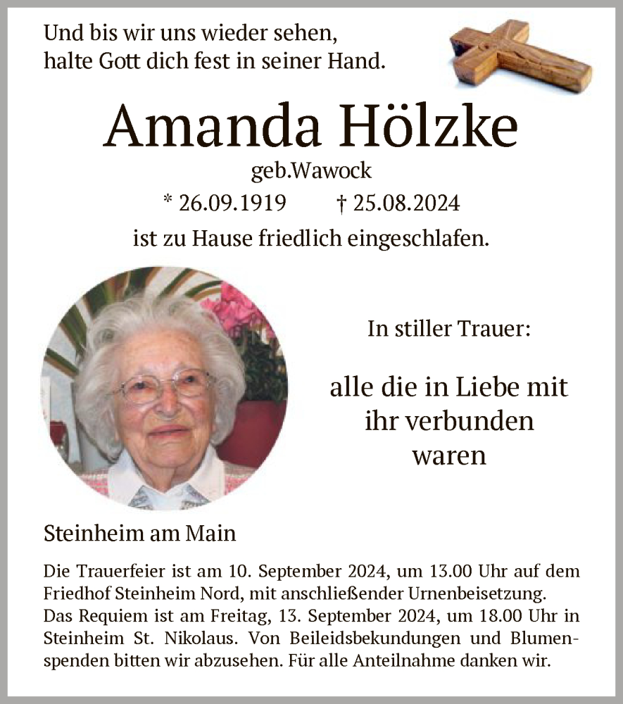  Traueranzeige für Amanda Hölzke vom 31.08.2024 aus OF