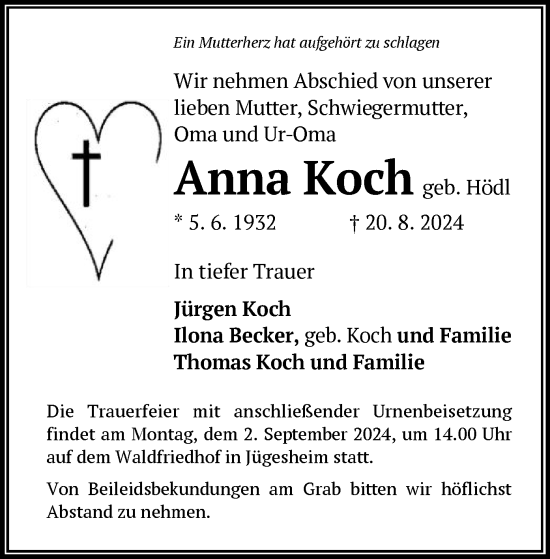 Traueranzeige von Anna Koch von OF